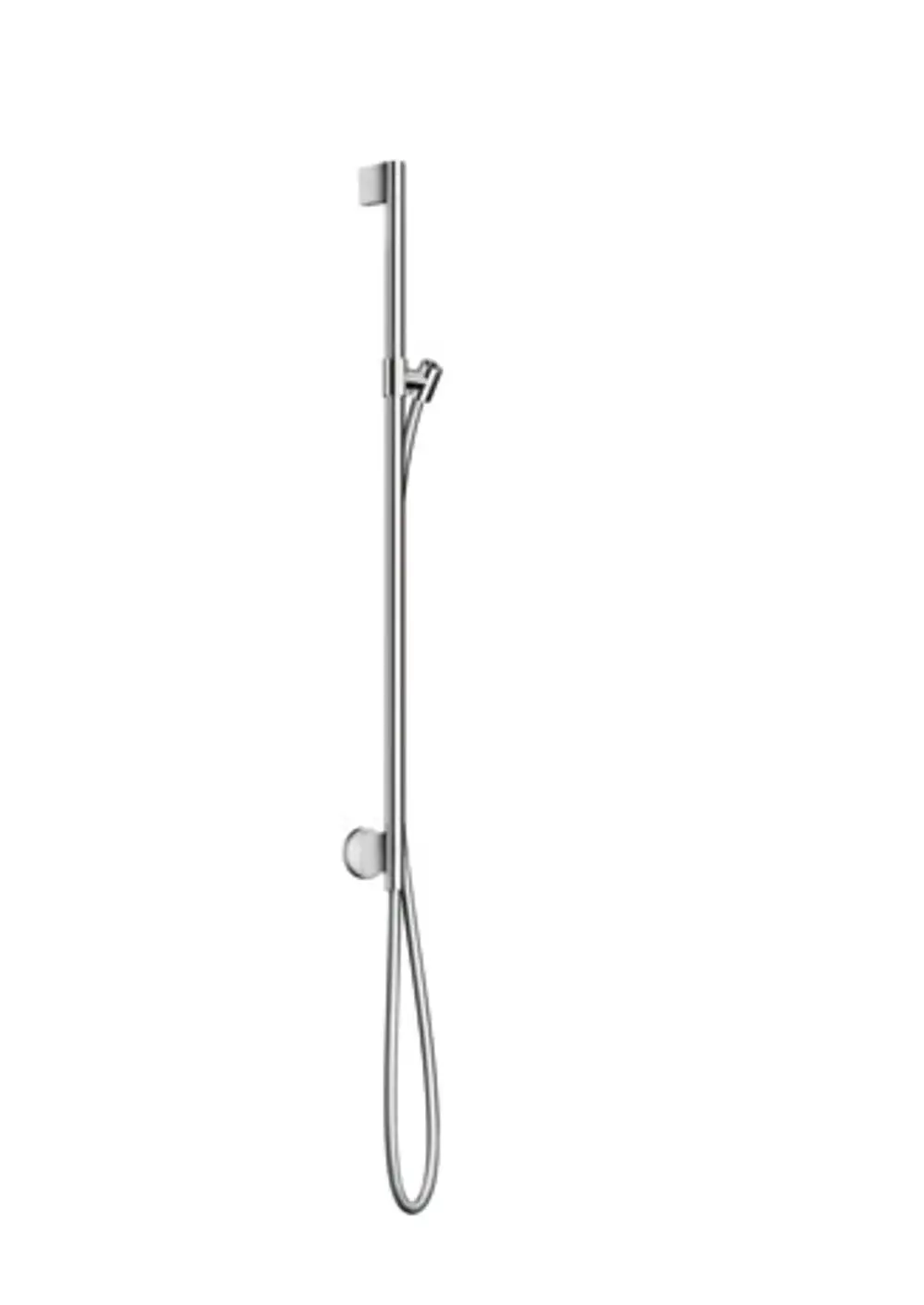 Chromfarbene Brausestange mit Wandanschluss und Brauseschlauch. Design von AXOR, vertikal montiert, für die Installation in Duschbereichen und Badezimmern.